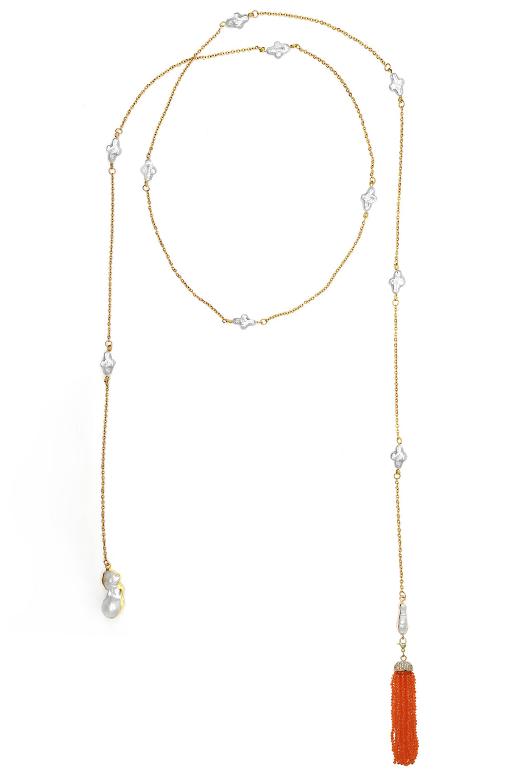 Amova Orange Tassel Chain with Natural Pearls
